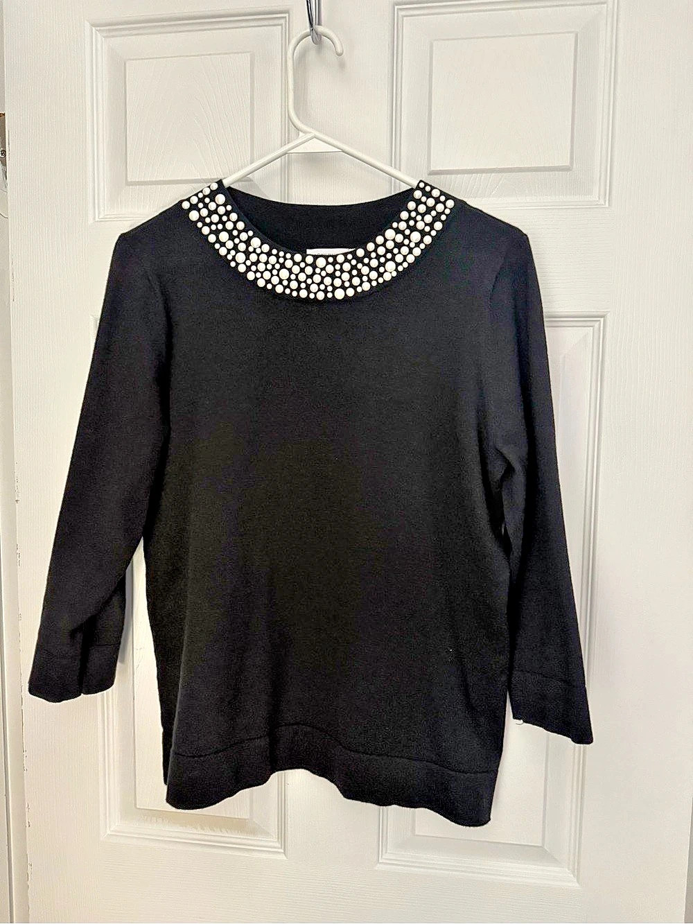 Calvin Klein Black Embellished Neck Long Sleeve Lightweight Sweater, Size M
